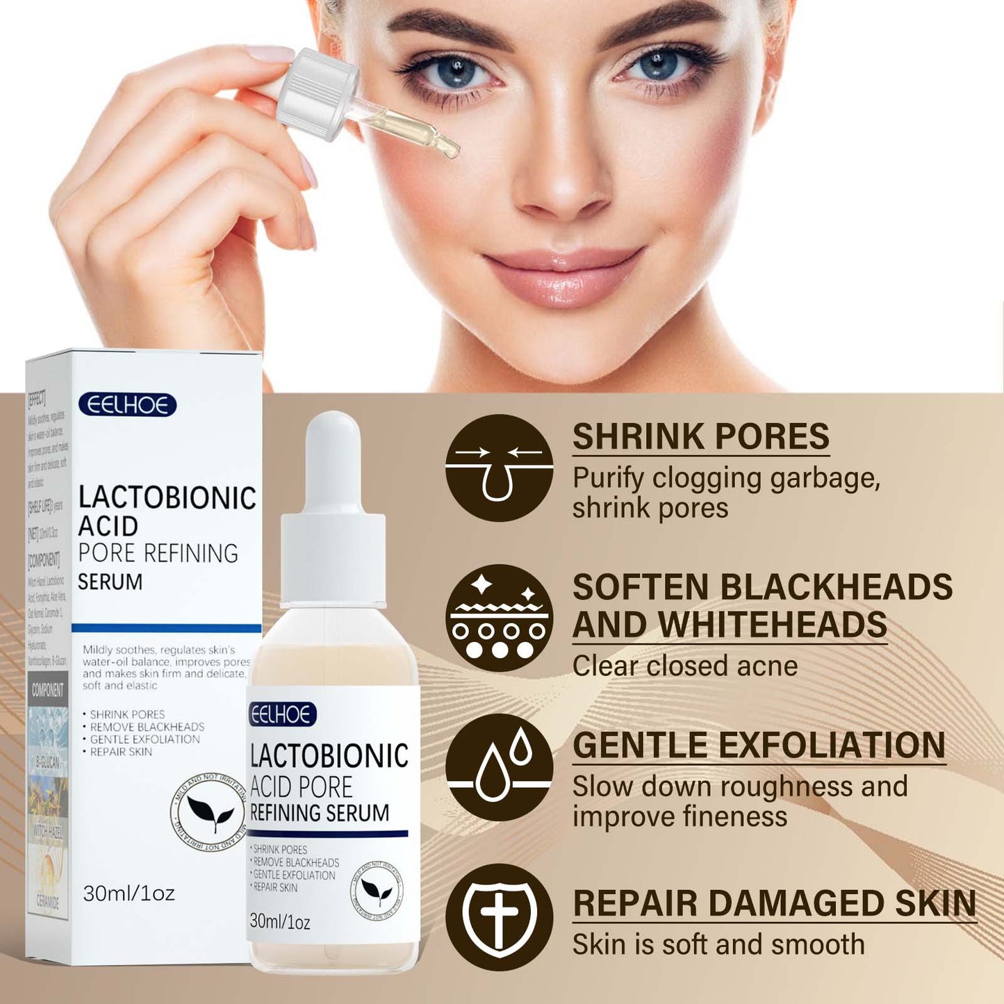 EELHOE Lactobionic Acid Pore Shrink Face Serum Skin Repair Remove Blackheads Acne Skin Care Lasting Moisturizing Korean Cosmetic